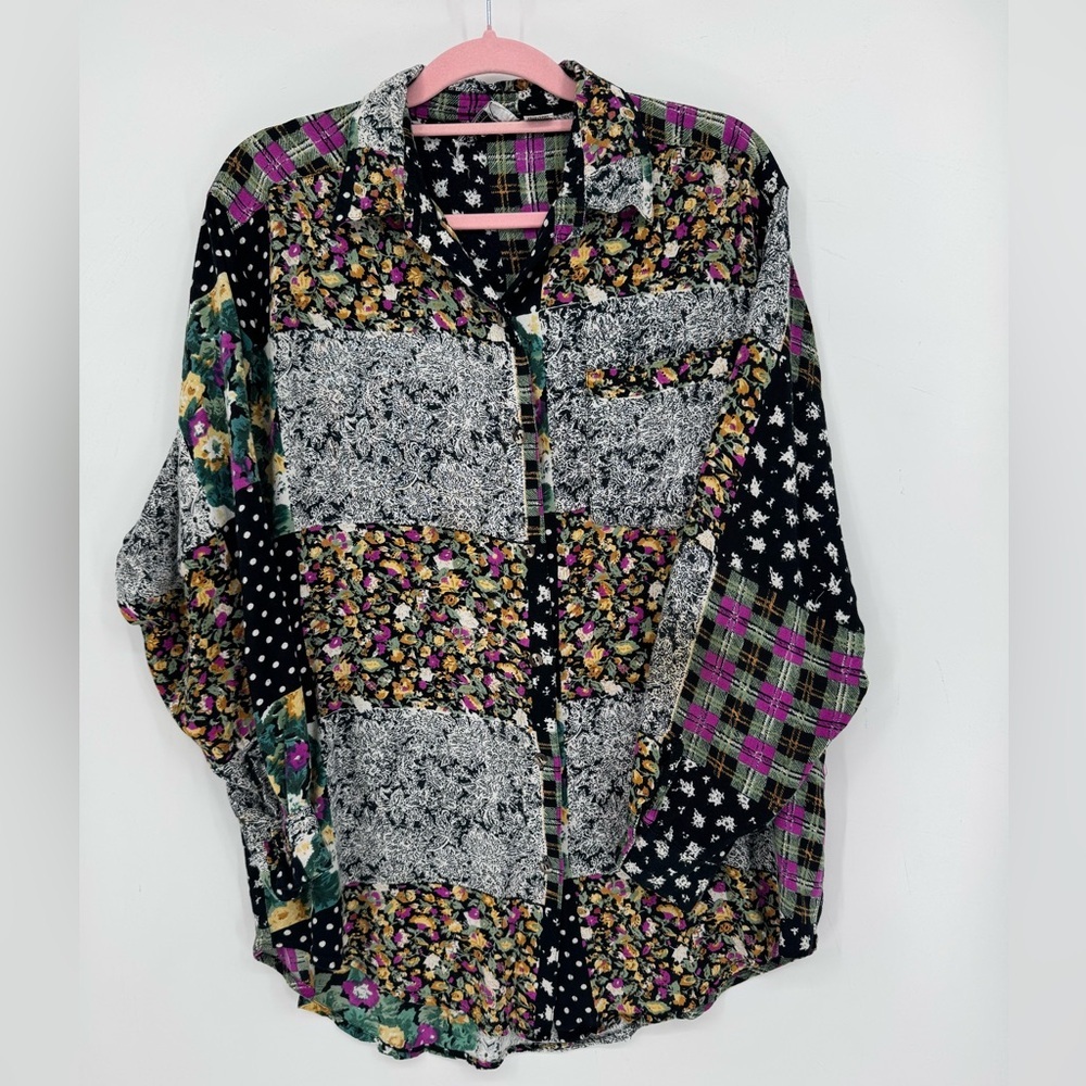 Way To Go Women's Vintage Floral Patchwork Longsleeve ButtonUp Blouse Size Large